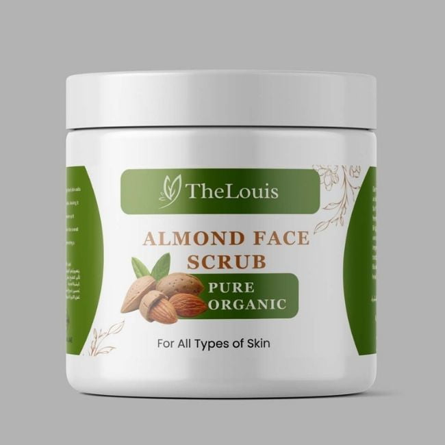 A close-up of a luxurious almond face scrub with finely ground almond particles, promoting exfoliation for smooth and radiant skin. The scrub is packaged in a stylish container with natural and organic ingredients