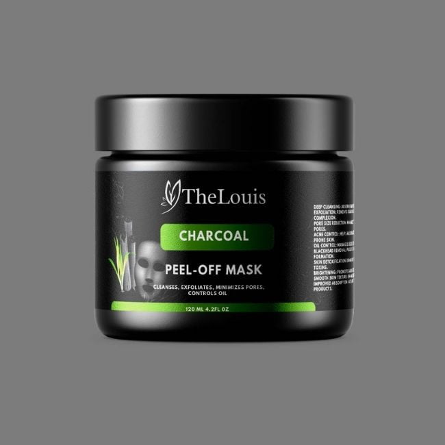 Activated charcoal face mask application with black peel-off texture for deep cleansing, exfoliation, and skin detoxification
